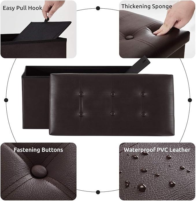 YOUDENOVA 30" Ottoman with Storage, Folding Faux Leather Bench, Brown | Foldable ottoman with hidden storage, padded faux leather seat for living room, bedroom and entryway.