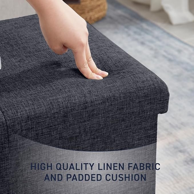 Ornavo Home 30 Inch Folding Storage Ottoman Bench, Tufted Linen, Black | Upholstered Large Ottoman with Lid; Foot Rest Stool; Ideal for Bedroom, Living Room or Entryway