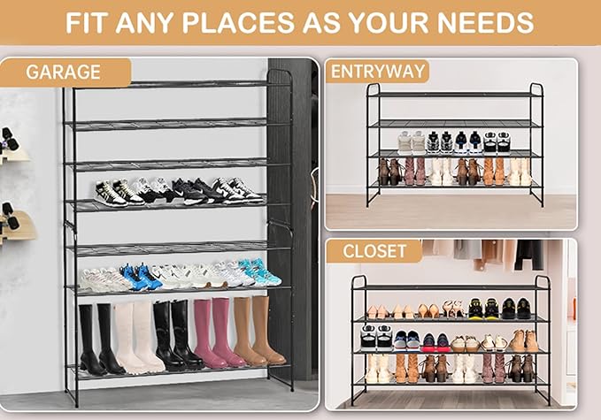 KEETDY 4-Tier Long Shoe Rack for Closet Metal Shoe Organizer for Entryway, Wide Stackable Shoe Storage Shelf with Sturdy Wire Grid for Closet Floor, Bedroom, Black
