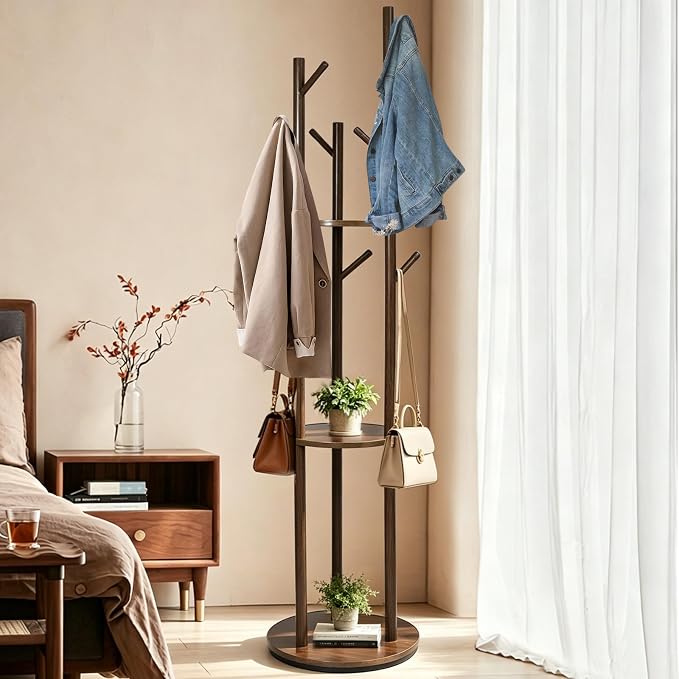 360° Rotating Wooden Coat Rack,9 Hooks & 3 Shelves Walnut Entryway Coat Tree Garment Stand for Hat Scarf Handbag