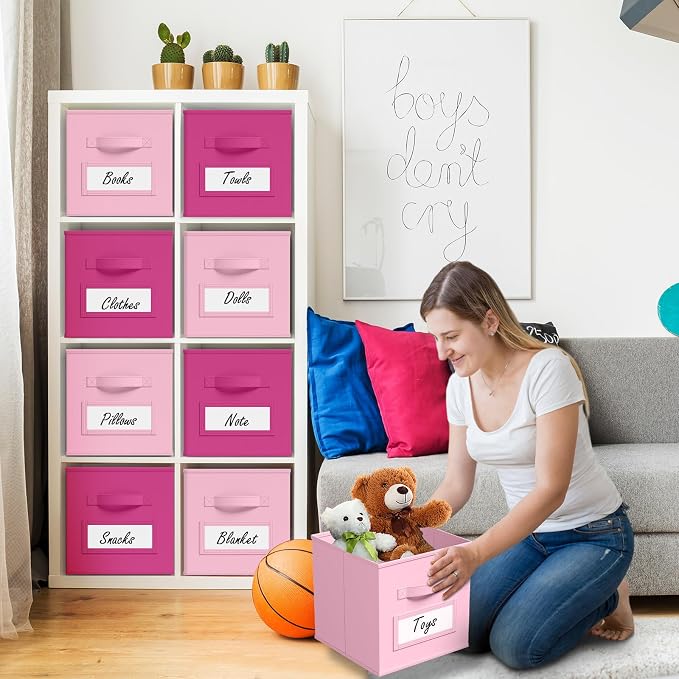 Teenyyou 10 Pack Fabric Storage Cubes 11 Inch Collapsible Cube Bins with Label Window & Handle Foldable Organizers Baskets for Shelf Closet Nursery Kids Room Clothes Book Toy(Pink, Rose Red)