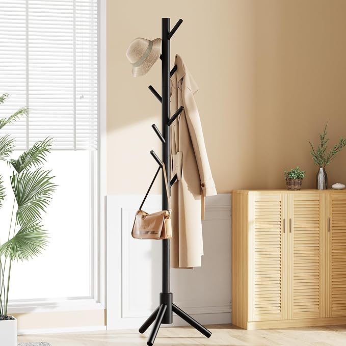 Pipishell Solid Wooden Coat Rack Freestanding, Hall Tree with 8 Hooks, 3 Height Options for Coats, Hats, Handbags, and Scarves, Tool-Free Assembly, Space Saving Design for Entryway, Office, Bedroom