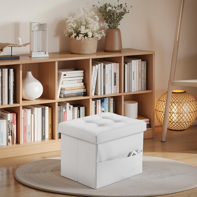 Bsketa Storage Ottoman Bench,17 Inch Folding Leather Foot Rest Stool, White | Small Ottoman with Side Pockets, Thicker Foam Padded Seat, Livingroom, Dorm, Bedroom, Easy to install, 43L,17x13x13in
