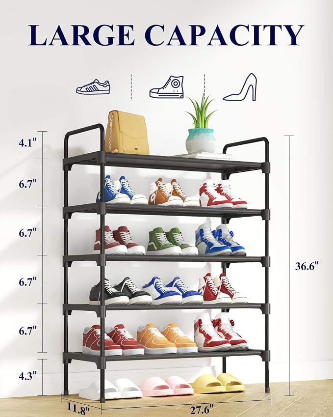Kitsure Shoe Rack for Closet, Shoe Storage, 27.6" Wide - 5 Tiers, Black | Shoe Organizer for Closet, Entryway, Living Room, Space-Saving Shoe Shelf, Sturdy Zapateras Organizer