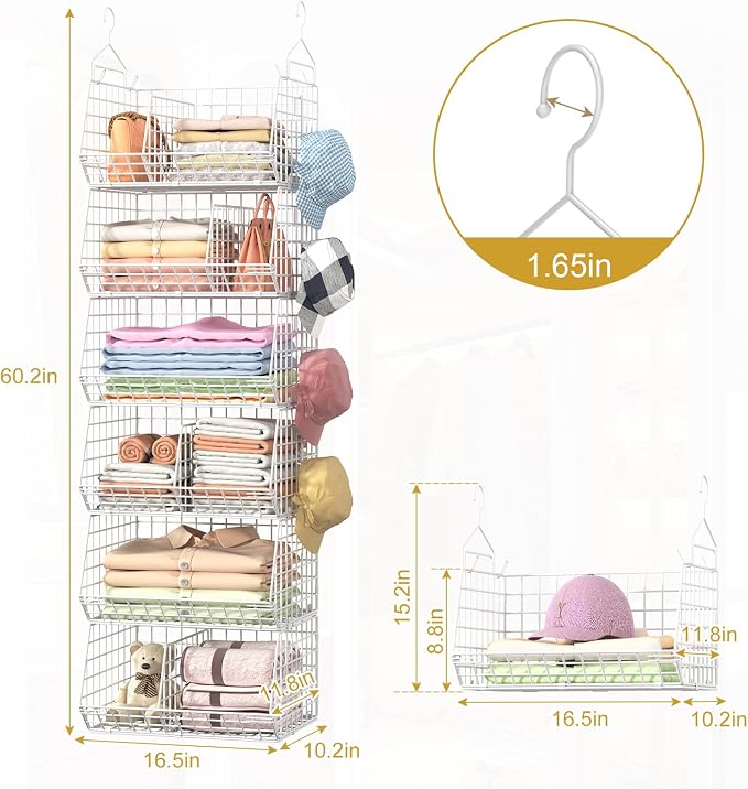 6 Tier Extra Large Hanging Closet Organizer, Closet Storage Hanging with Dividers, Wire Closet Shelf with 5 S Hooks 4 Dividers,Sweater Handbag Hat Accessory Storage Hanger,White