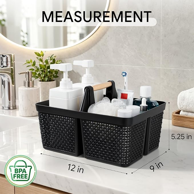 UUJOLY Portable Plastic Shower Caddy Basket with Wooden Handle, Black | Divided Storage Organizer Tote for Bathroom, Dorm, College, Kitchen & RV – Lightweight, Easy-Carry Essentials Caddy