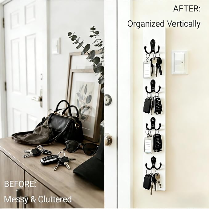 Vertical Key Holder for Wall Mounted Vertical Wooden Key Rack Organizer with Hooks-Space-Saving Key Rack for Apartment, Dorm, RV, Leash & Coat Hanger (White)