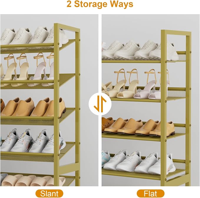 Large Shoe Rack 8 Tier Shoe Organizer, Heavy Duty Metal 4-Tier Stackable Shoe Storage Vertical Shoe Rack for Closet Front Door Entrance, Up to 50 Pairs, 44.8" W x 11.4" D x 56.7" H, Gold