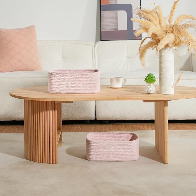 Shelf Baskets for Organizing | Storage Basket for Shelves | Small Woven Baskets | Rope Toy Basket | Closet Organizer Bins | Cube Decorative Box | 11.8×7.8×5.1” | 3 Pcs Mixed Pink