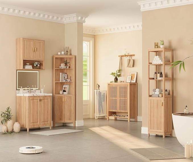 INNOD Bathroom Wall Storage Cabinet, Medicine Cabinet with Adjustable Wood Shelf & Doors, Over the Toilet Storage Cabinet for Laundry Room & Living Room Kitchen Storage Islands (Natural Oak)