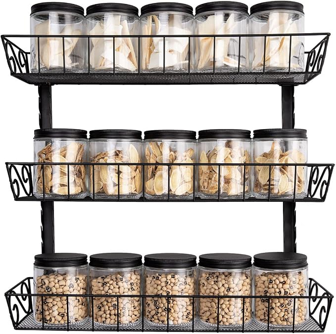 SWOMMOLY Wall Mount Spice Rack Organizer, 3-Tier Adjustable Dual-Use Shelf | Hanging Spice Rack Organizer, Kitchen Pantry Cabinet Storage Holder for Spices, Mason Jars, Bottles & Cans, Black