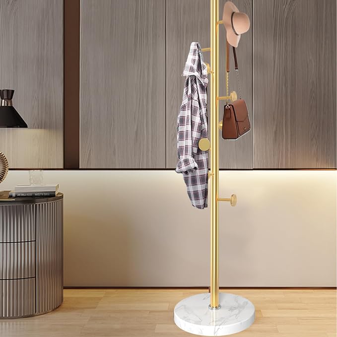 Coat Rack Stand,Golden Metal Coat Rack Freestanding with 8 Hooks | Modern Coat Rack with Natural Marble Base,Coat Hanger Stand, 3 Adjustable Coat Clothes Tree Stand for Office