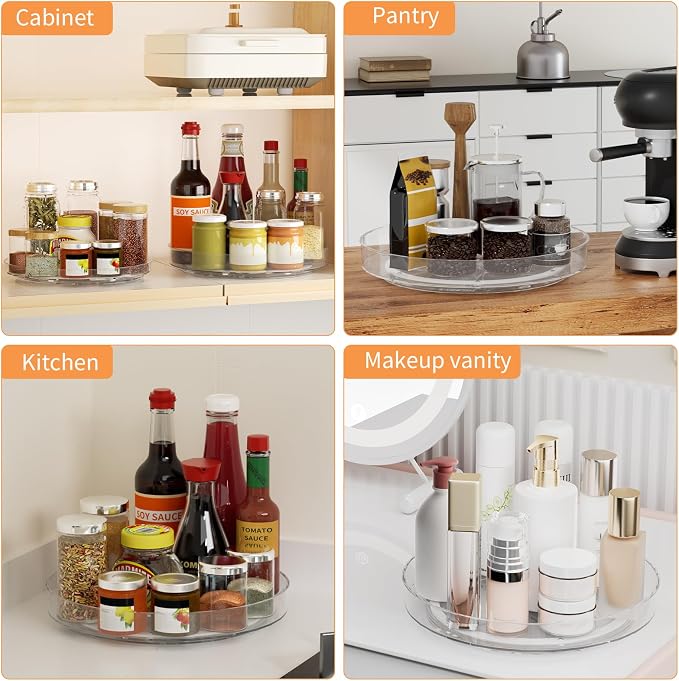 2 Pack Lazy Susan Turntable Organizer, 9 and 10 Inch Rotating Trays for Corner Cabinet, Fridge, Pantry, Kitchen, Table Top, Makeup Vanity, Bathroom Countertop Storage, Acrylic Spinning Spice Rack