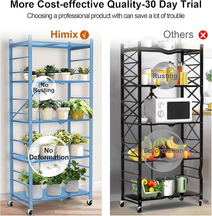 Himix Storage Shelves with 20 Hooks, 5-Tier Foldable Shelf for Storage, Folding Shelf Unit Pantry Shelves with Wheels, Standing Shelving Unit for Kitchen Garage Home Office Room Greenhouse, Blue