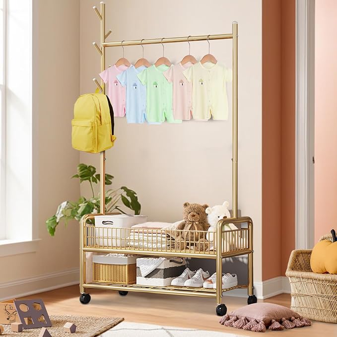 MYUPDALIN Clothes Rack with Shelves, Clothing Rack with Wheels, Multifunctional Hangers with Storage Baskets and Shoe Racks, Ideal for Bedrooms and Living Rooms (Gold, Bold 90cm/35in)