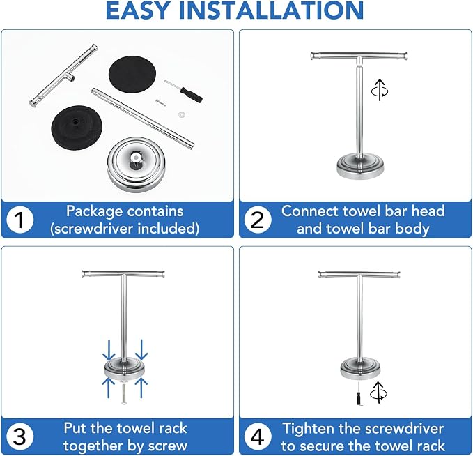 RUMOSE Polished Chrome Hand Towel Holder Stand Countertop Towel Rack | 13 Inch Bathroom Kitchen Vanity T-Shape Towel Stand Free Standing Stainless Steel Towel Bar Towel Ring