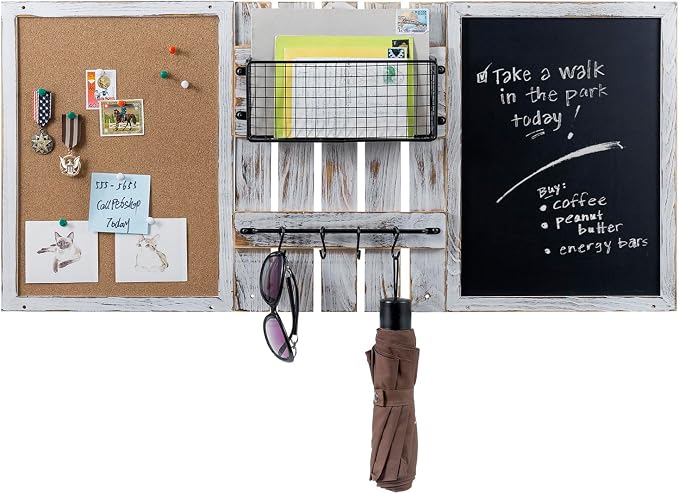 MyGift 3 Panel Wall Mounted Entryway Bulletin Board Combo Set with Shabby White Washed Solid Wood Frame, Chalkboard, Cork Board, Black Metal Mail Basket, and Hanging Rail