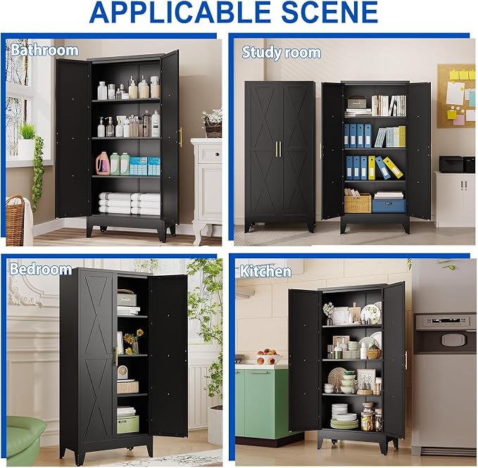 61" Metal Storage Cabinet with 2 Doors and 3 Adjustable Shelves,Black Farmhouse Kitchen Pantry Cabinet,Steel Garage Tool Cabinet,File Cabinetfor Home,Office,Dinning Living Room,Warehouse