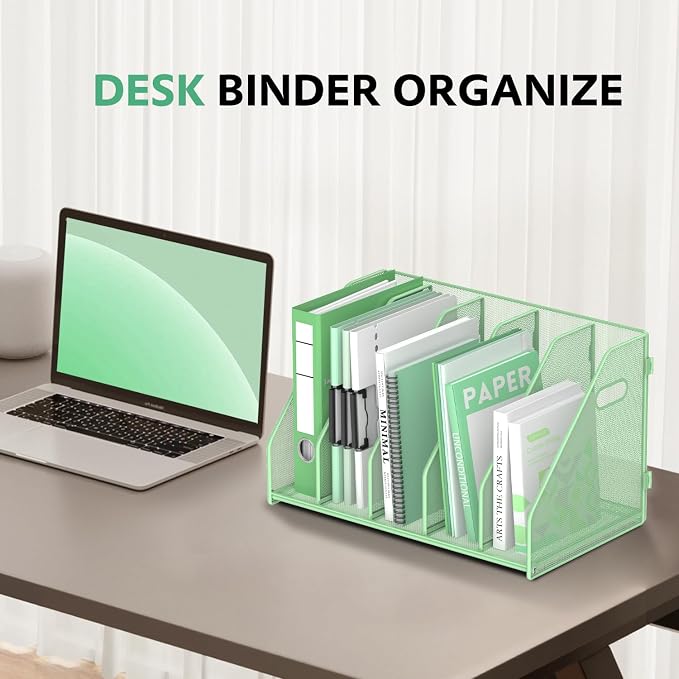 Binder Organizer, Magazine File Holder with 5 Vertical Compartments Rack, Metal Desk File Organizer & Binder Holders, Magazine Organizers for Office Desktop, Home, School (Green)