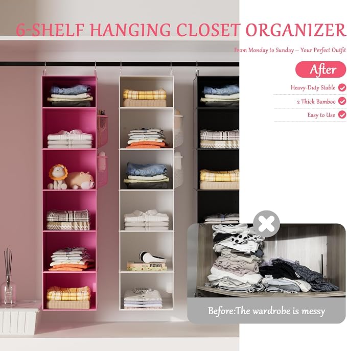 Hanging Closet Organizer and Storage with Bamboo Support, 6-Shelf Closet Hanging Storage Shelves, Closet Organizers Easy Mount Foldable for Bedroom (Pink)