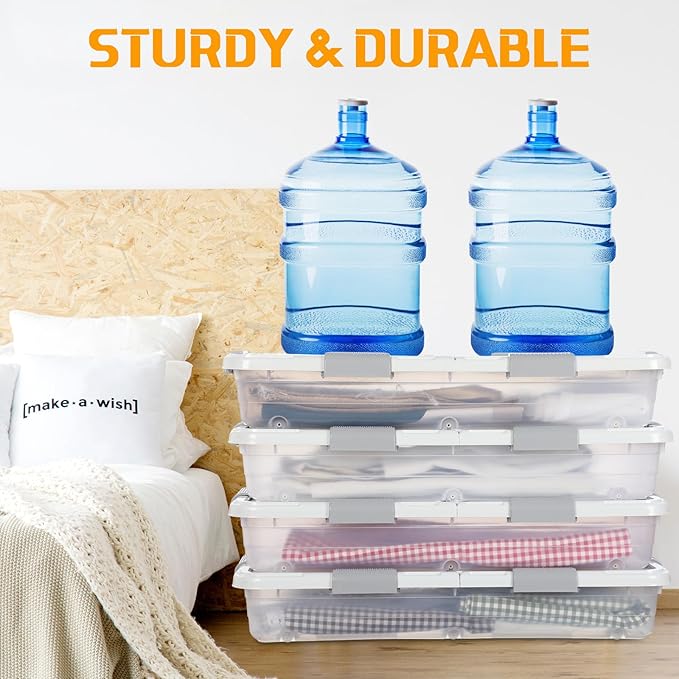 Beeveer 4 Pcs Plastic Under Bed Storage Container with Double Opening Lid Wheel Handle, Transparent Large Capacity Stackable Latching Festival Storage Bin for Closet Bedroom, 31.5x15.8x5.2 In(White)