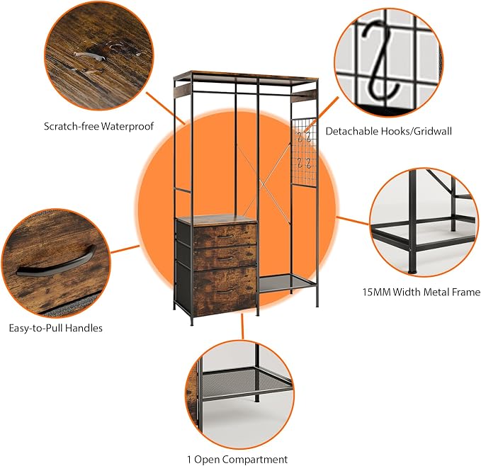 Heavy Duty Clothes Rack with 3 Drawers & LED Light, Garment Rack with 3 Shelves, Free Standing Wardrobe Organizer with 8 Hooks for Bedroom, Small Space, Garming Room(37.8"W x 66.93"H, Rustic Brown)