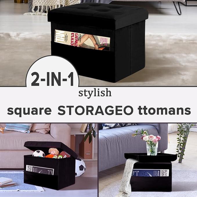 LINMAGCO Storage Ottoman Folding Foot Stool Foot Rest with Side Pocket Modern Ottoman with Storage Short Sofa Stool Velvet 17x13x13(Black)