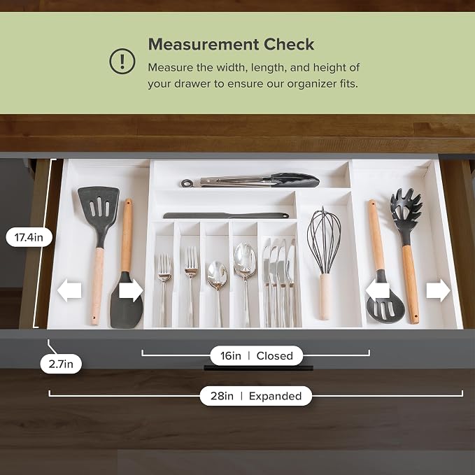 KitchenEdge Silverware & Utensil Drawer Organizer, 16-28 in, White Bamboo | Cutlery, flatware, food-safe contract grade, kitchen drawer fit