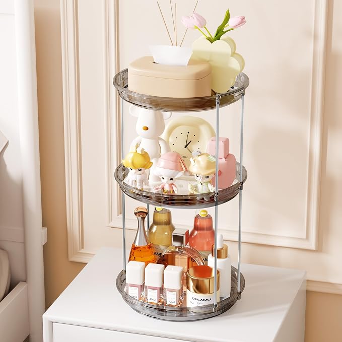 Delamu 3 Tier Rotating Makeup Organizer for Vanity, Skincare Organizer for Bathroom Counter, Spinning Perfume Organizer Cosmetic Holder with Large Capacity, Grey