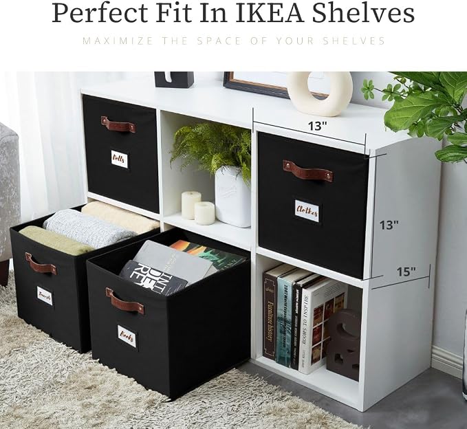 DECOMOMO Storage Bins, Storage Baskets for Shelves | 13" x 15" x 13" Storage Cube Bins with Labels for Organizing Shelves (Kallax, 4pcs, Black)