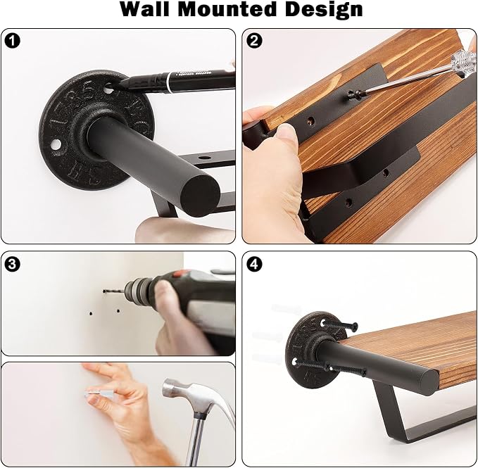 Hand Towel Holder/Towel Ring with Wooden Shelf, Hand Towel Rack, Hand Towel Hanger for Bathroom, Bath Accessories Wall Mounted, (Matte Black, 9.1"-Industrial Squ Shaped)