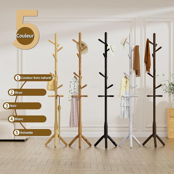 Solid Wood Coat Rack, Freestanding Tree-Shaped Coat Rack with 11 Hooks, Main Pole 1.6" dia for Clothes, Hat Stand Used in Bedroom/Office/Entryway (3-Leg Base, Black)