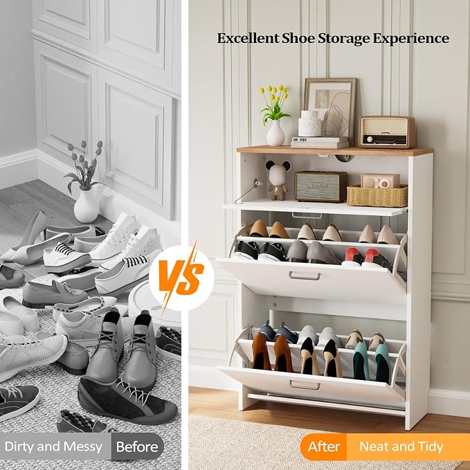 VINGLI Shoe Cabinet Storage for Entryway,White Small Narrow Shoe Rack,25" W | 8–12 Pairs,Skirting Board Cutout,Drop-Down Drawer,9.4"D Slim,Two-Tone Oak & White,2 Flip Drawers,Adjustable & Removable Shelf