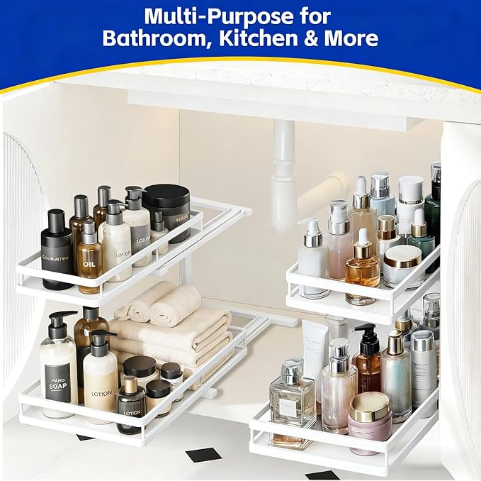 2-Tier Under Sink Organizer, Metal Pull Out Shelf, White | Carbon steel 2-tier shelf, ball-bearing pull-out, adjustable height, no-drill setup, for bathroom and kitchen cabinets