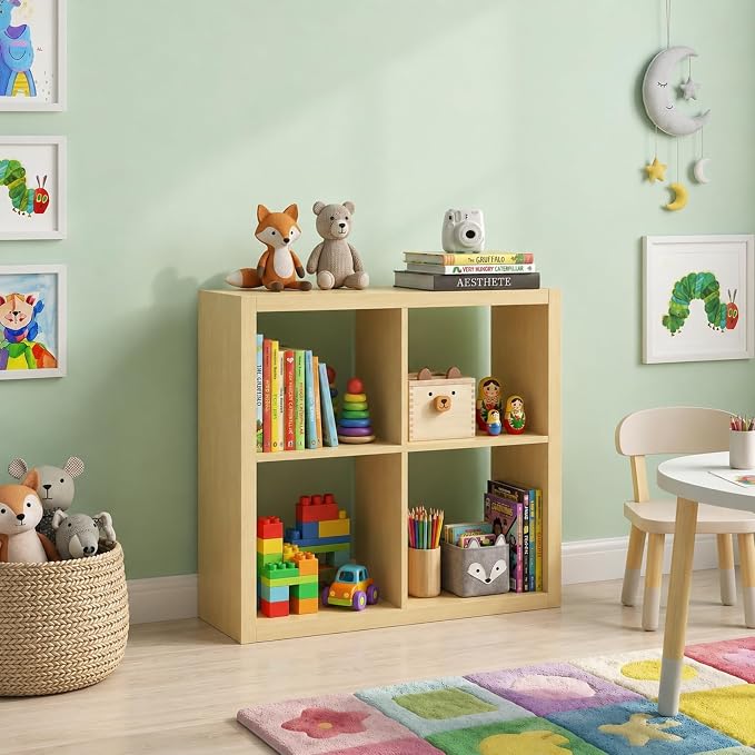 CTESNE【Wooden 4 Cube Storage Organizer Shelf with Anti-Tipping Kits, Horizontal and Vertical Dual-use Standing Open Bookshelf(Oak 13in)