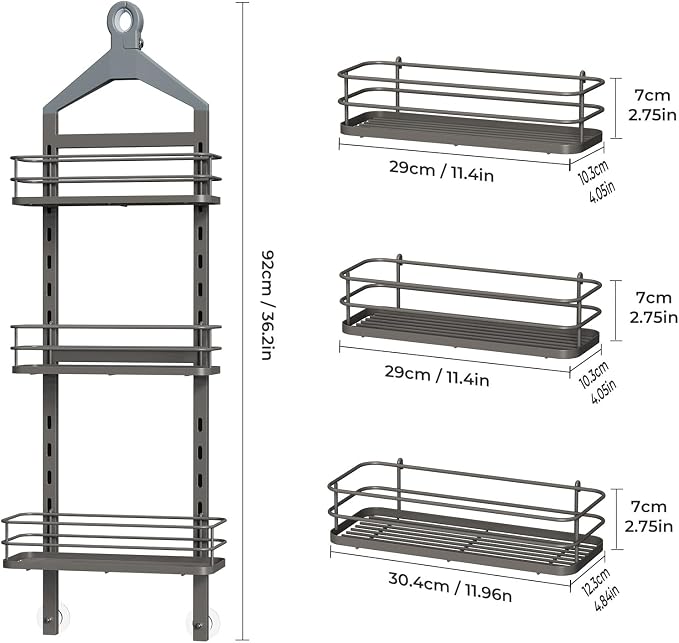 ODesign 3 Tier Adjustable Shower Caddy Hanging Over Head Anti-Swing Grey | Shower organizer hanging,no drilling required,comes with removable hook and storage box, suitable for indoor showers