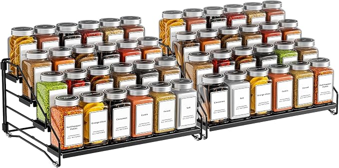 BOIVSHI 4 Tier Spice Rack Organizer, Spice Rack for Cabinet, Adjustable Depth Seasoning Shelf for Countertop, Pantry, Seasoning Organizer, Metal, Black (2 Pack)