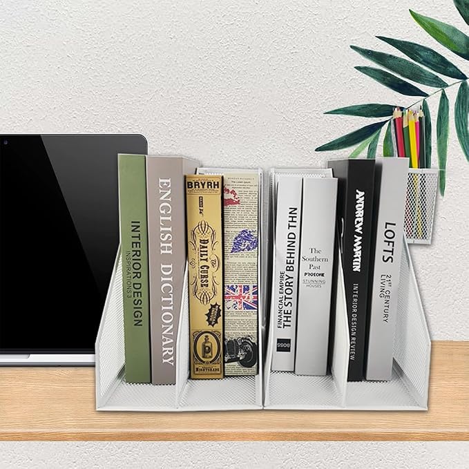 Mesh Magazine File Holder, 2 Pack Set, with Pen Holder | Sturdy Desk Organizer. 4 compartments for magazines, documents. Desktop storage for office & home. White.