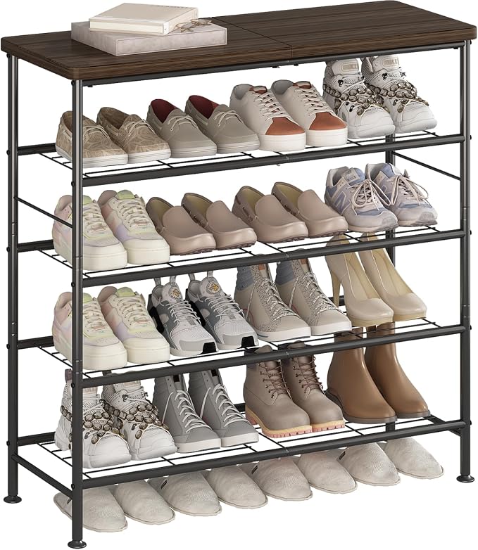 SUOERNUO 5 Tier Shoe Rack Organizer for Closet Shoe Storage for Entryway | Free Standing with MDF Top Board,Sturdy Metal Frame,Ideal for Living Room,Hallway Black