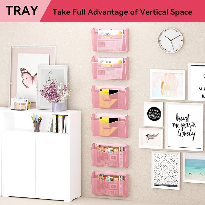 3 Single Pocket Wall File Holder, Mesh Hanging File Folder Paper Organizer, Vertical Wall Mounted Mail Basket, Storage Organization Magazine Rack for Office, Home and School, Pink