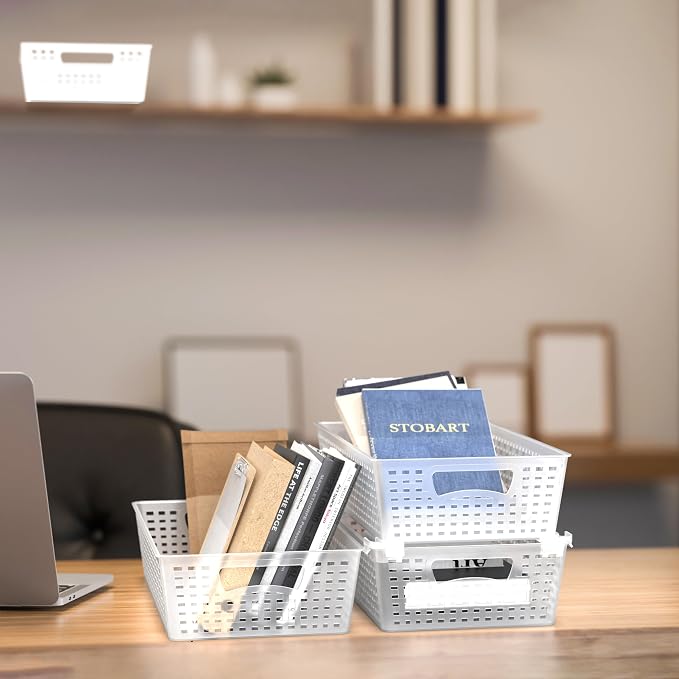 Simple Houseware Stackable Plastic Woven Basket Organizer, 6 Pack, Clear | 14.5" D x 8.5" W x 3.5" H