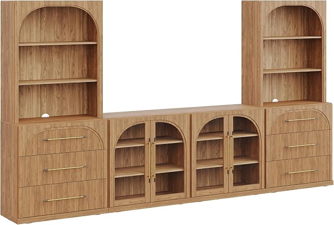 BELLEZE 6-Piece Modular TV Stand Set - 2 Sideboards with Drawers, 2 Arched Glass Door Sideboards, 2 Hutch Cabinets, Classic Modern Media Console with Adjustable Shelves for Living Room (Camel)