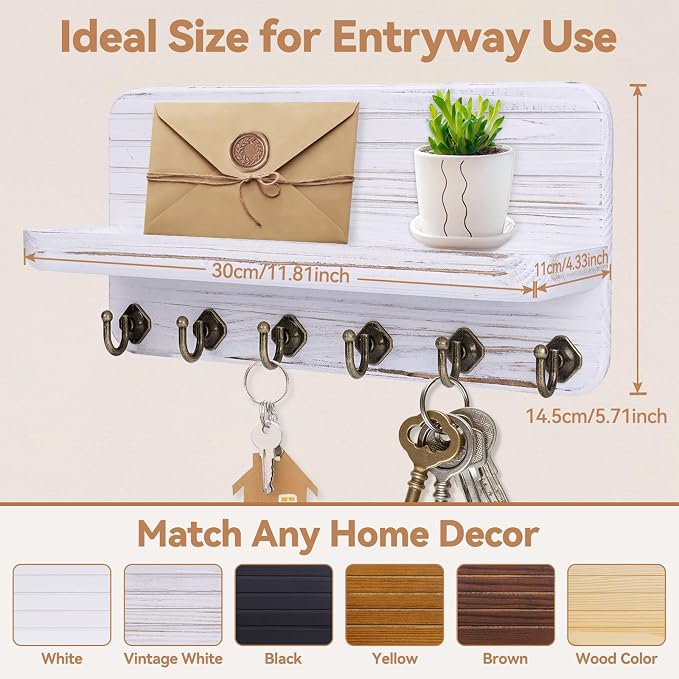 Key Holder for Wall, Mail Organizer Wall Mount with 6 Hooks Wooden Hanging Key Rack for Home Decor, Hallway, Entryway (Vintage White)