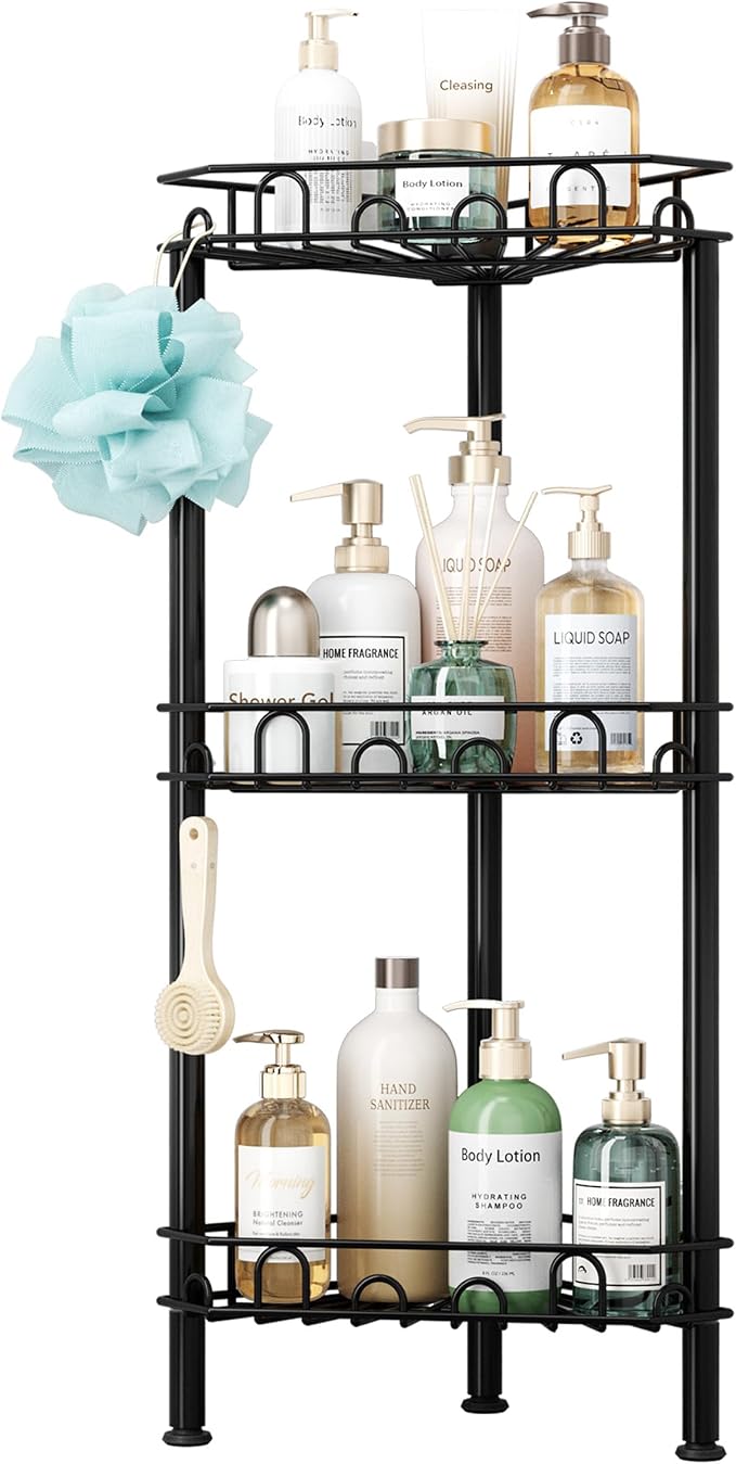 SWTYMIKI Standing Shower Caddy Corner - 3‑Tier Stainless Steel Shower Organizer Shelf with 12 Hooks and Adhesive Pads, Rustproof Corner Shelves Stand Rack for Bathroom Shower Room, Black