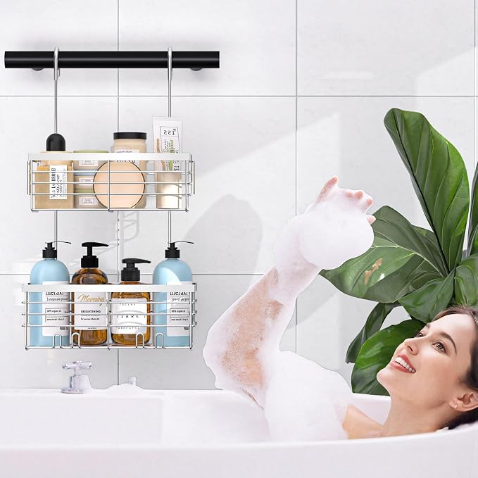 YUOROS 2 Tier Shower Caddy Hanging Over the Door (Silver) | Shower Organizer Rack 304 Stainless Steel Rustproof Bathroom Storage Shampoo Holder Basket