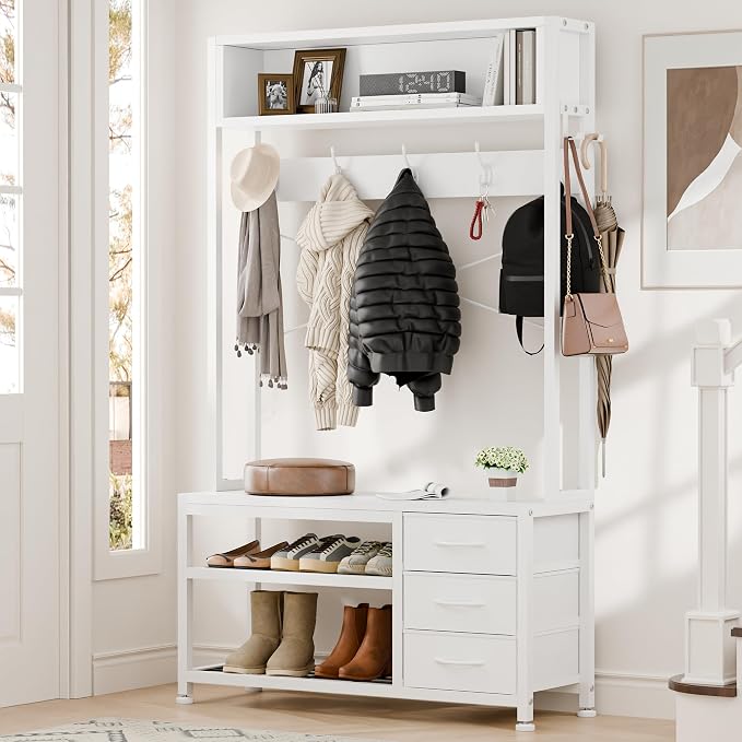 Hall Tree with Bench and 3 Drawers Storage, 31.5" Coat Rack Freestanding | White, 6-in-1, Top Cubby, 12 Coat Hooks, Adjustable Shoe Rack, Sturdy Metal Frame, Entryway Organizer