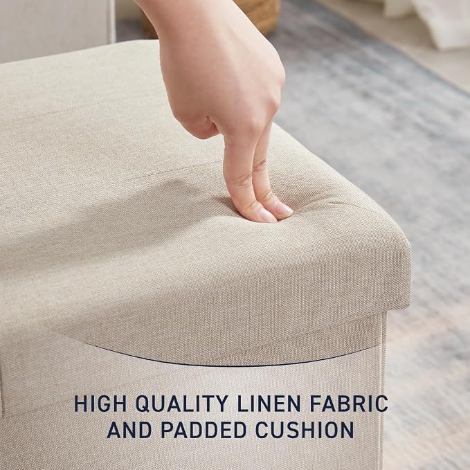 Ornavo Home 30 Inch Folding Storage Ottoman Bench, Tufted Linen, Beige | Upholstered Large Ottoman with Lid; Foot Rest Stool; Ideal for Bedroom, Living Room or Entryway