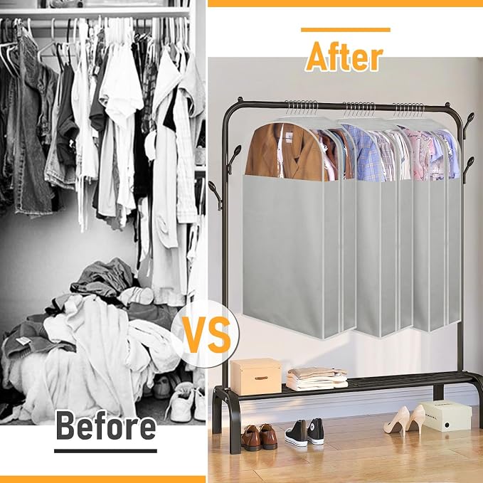 MISSLO 10" Gusseted Garment Bags for Hanging Clothes 32" Suit Bags for Closet Storage Clothing Covers for Shirts, Coats, 3 Packs, Grey