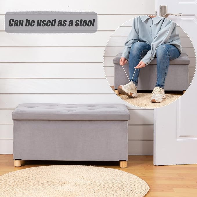 BRIAN & DANY 30 Inches Folding Storage Ottoman Bench, Ottoman with Storage for Living Room, with Wooden Feet and Lid, Grey