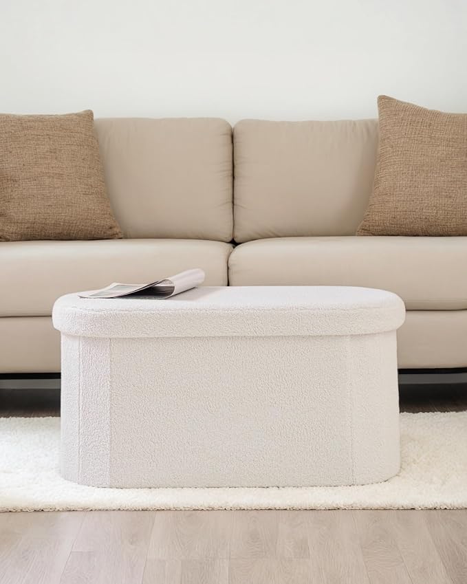 30 Inches Oval Storage Ottoman Bench, Foldable Footrest | Teddy Boucle Fabric, Hidden Storage, Soft Padded Seat, Compact Ottoman for Living Room, Bedroom, Dorm, White